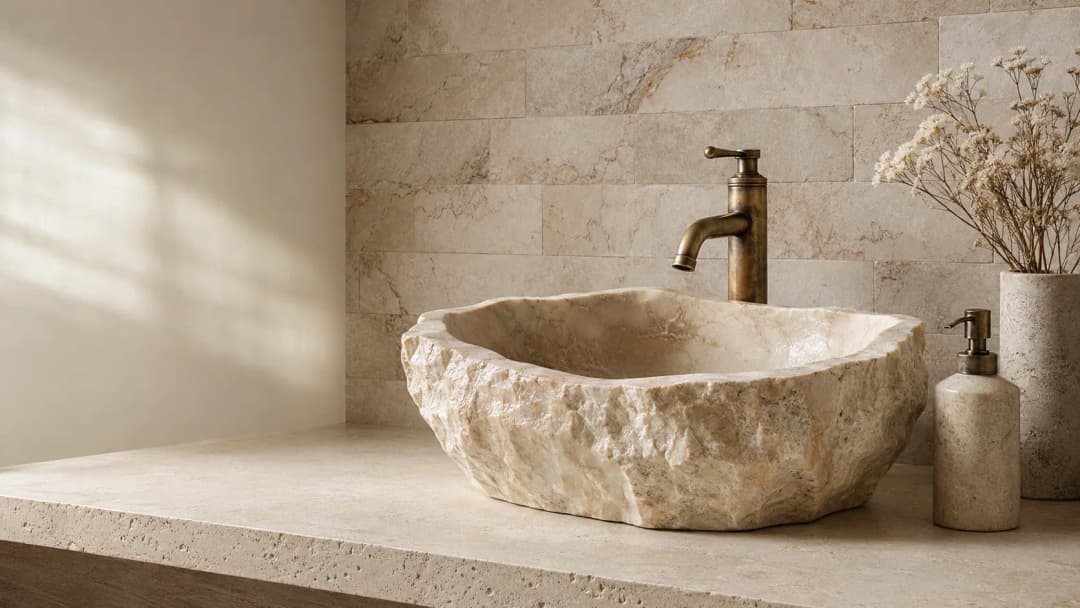 Doğal taş lavabo ve antik bronz batarya